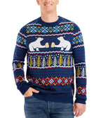 Mens Polar Bear Party Ugly Christmas Sweater with Fair Isle Pattern and Santa Hats