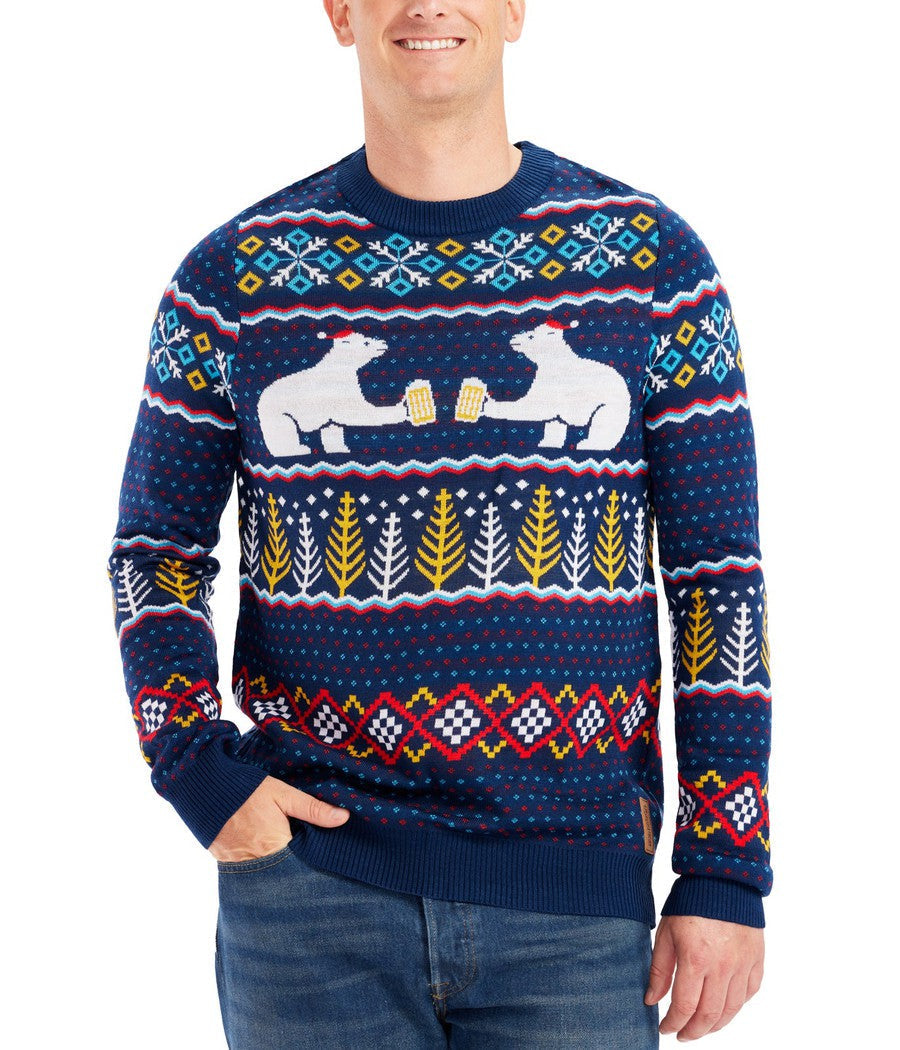 Mens Polar Bear Party Ugly Christmas Sweater with Fair Isle Pattern and Santa Hats