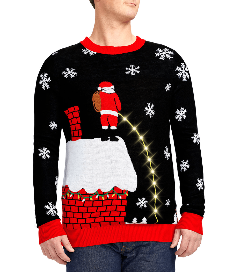 Mens Cheeky Santa Light Up Christmas Sweater with a Glowing Rooftop Stream