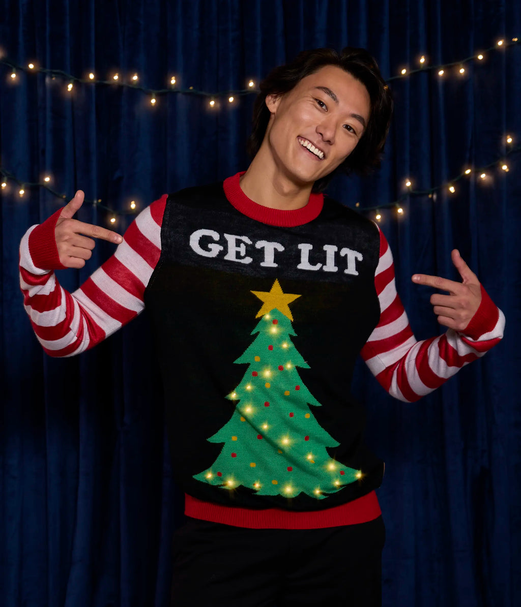 Mens Get Lit Light Up Christmas Tree Sweater with Candy Cane Sleeves and Battery Pack