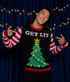 Mens Get Lit Light Up Christmas Tree Sweater with Candy Cane Sleeves and Battery Pack