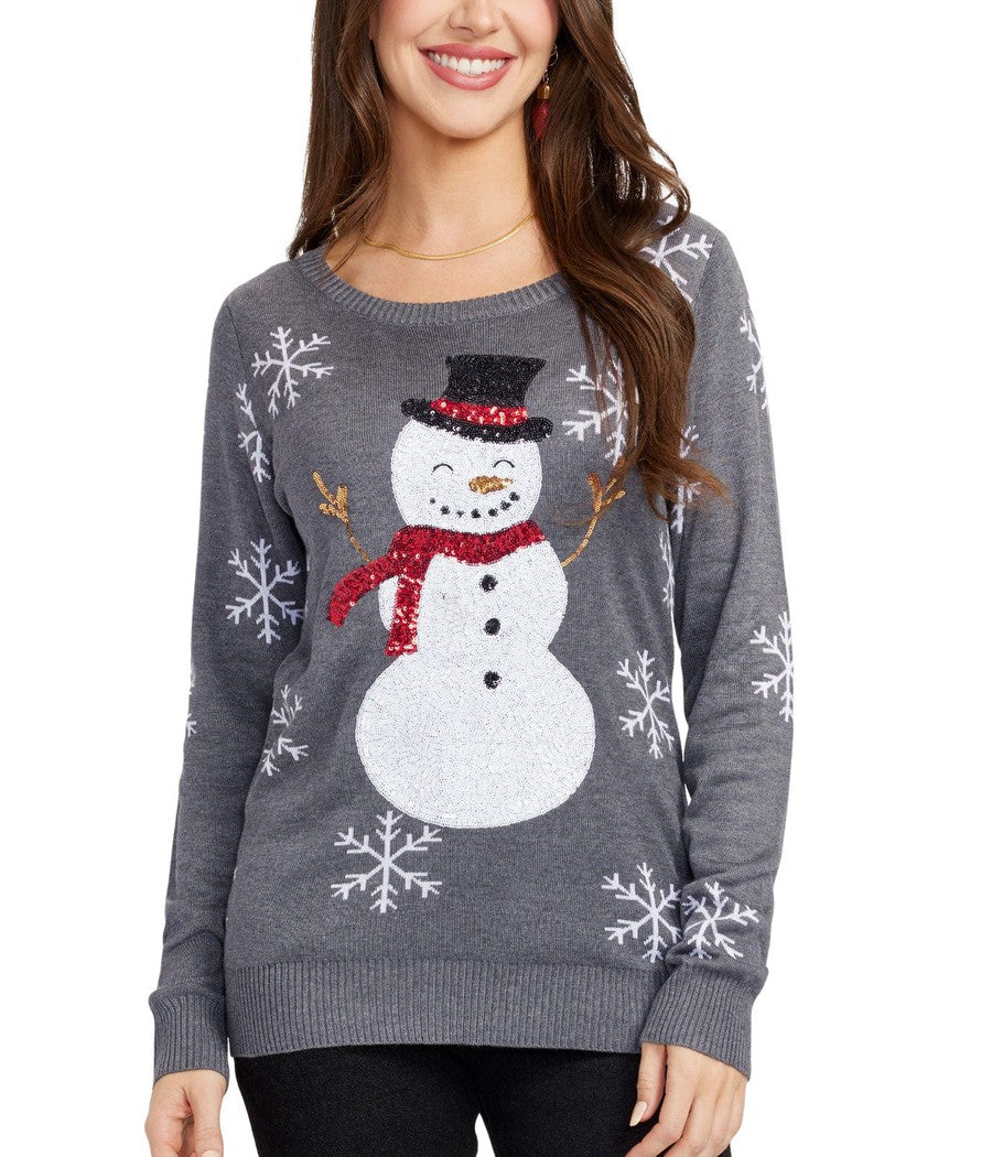 Womens Gray Sequin Snowman Christmas Sweater with Sparkling Snowflake Sleeves