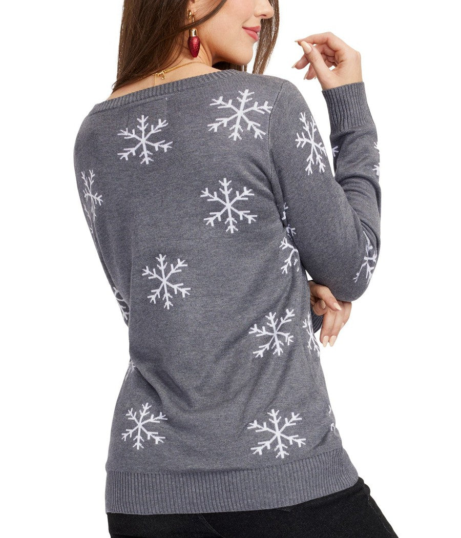 Womens Gray Sequin Snowman Christmas Sweater with Sparkling Snowflake Sleeves