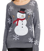 Womens Gray Sequin Snowman Christmas Sweater with Sparkling Snowflake Sleeves