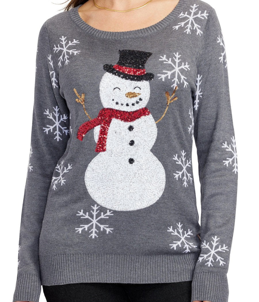 Womens Gray Sequin Snowman Christmas Sweater with Sparkling Snowflake Sleeves