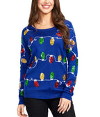 Womens Blue Christmas Lights Sweater with Colorful Bulb Design for Holiday Parties