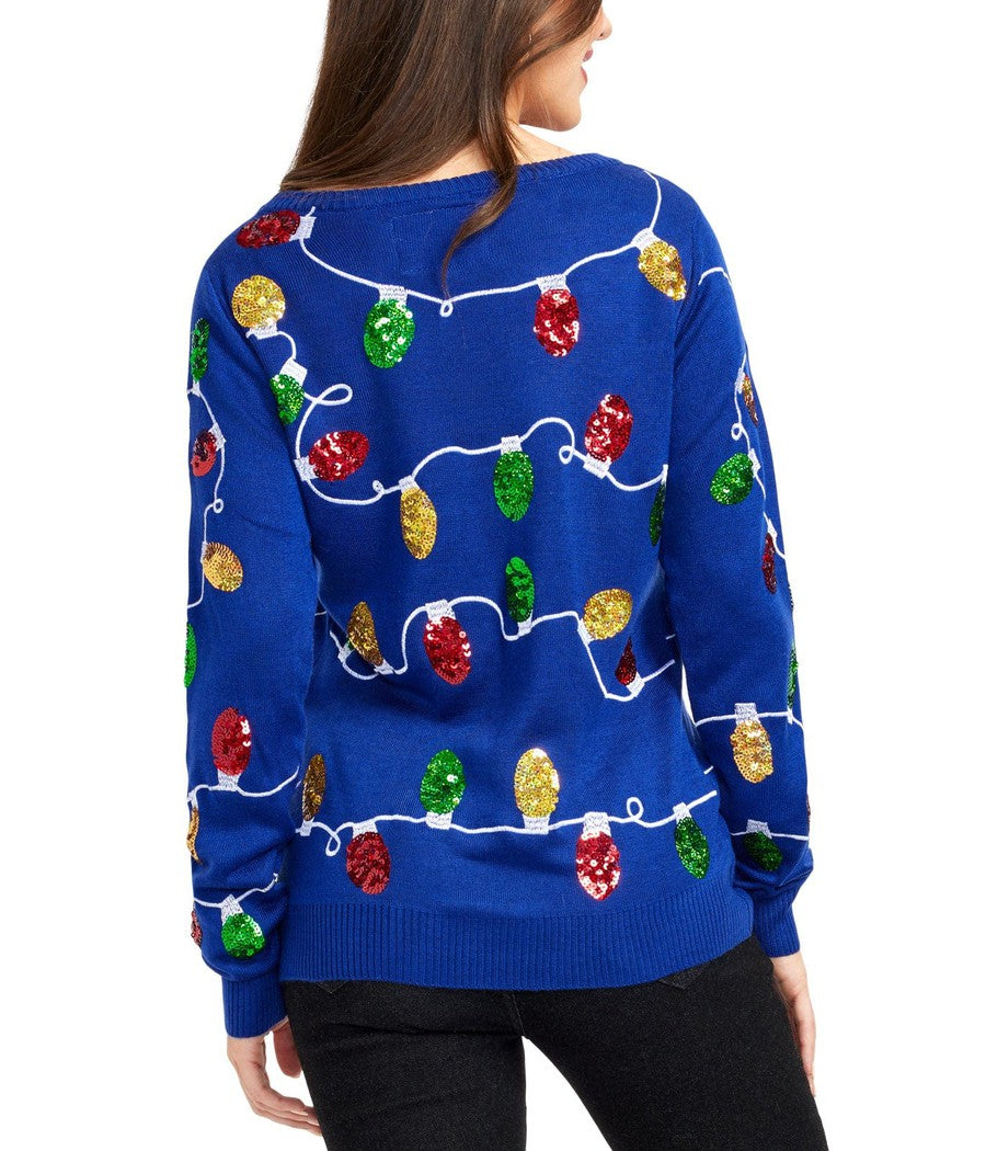Womens Blue Christmas Lights Sweater with Colorful Bulb Design for Holiday Parties