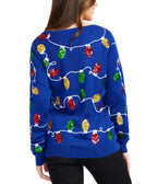 Womens Blue Christmas Lights Sweater with Colorful Bulb Design for Holiday Parties