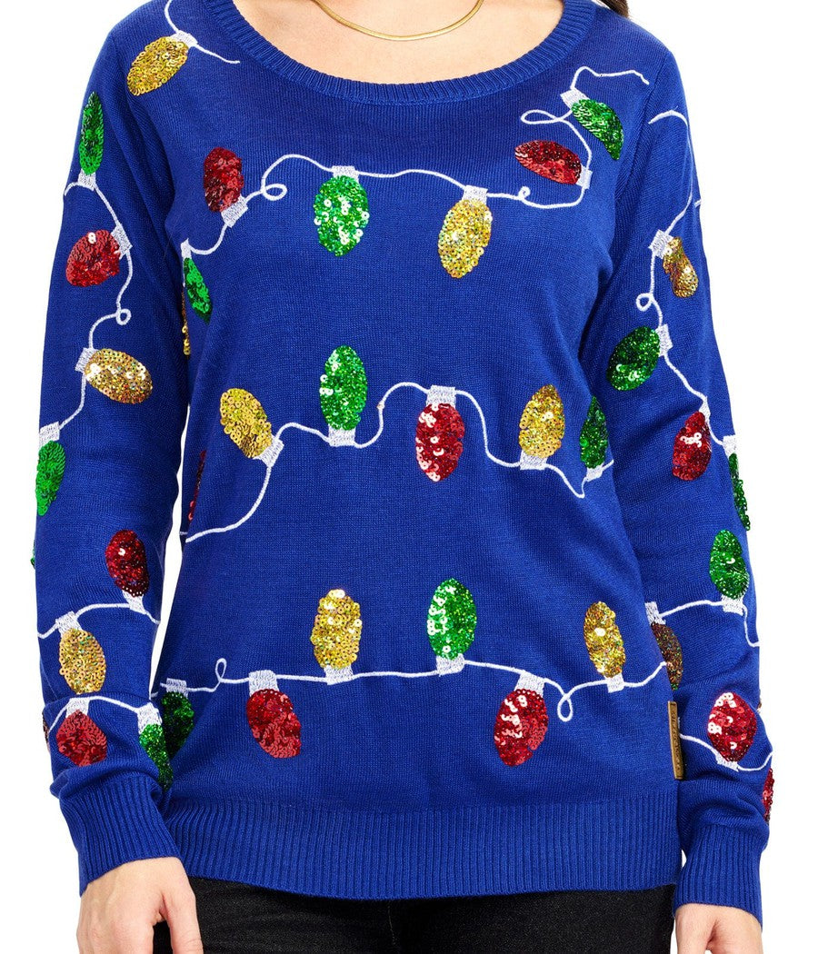 Womens Blue Christmas Lights Sweater with Colorful Bulb Design for Holiday Parties