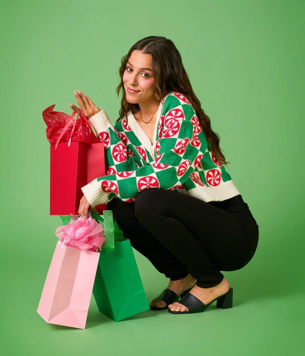 Womens Mint Green Checkered Cropped Cardigan Sweater with Retro Holiday Style