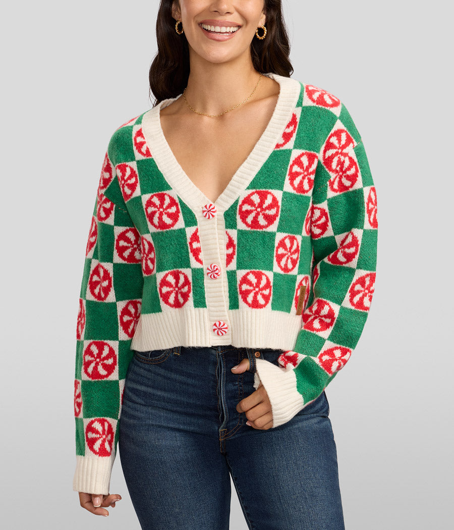 Womens Mint Green Checkered Cropped Cardigan Sweater with Retro Holiday Style