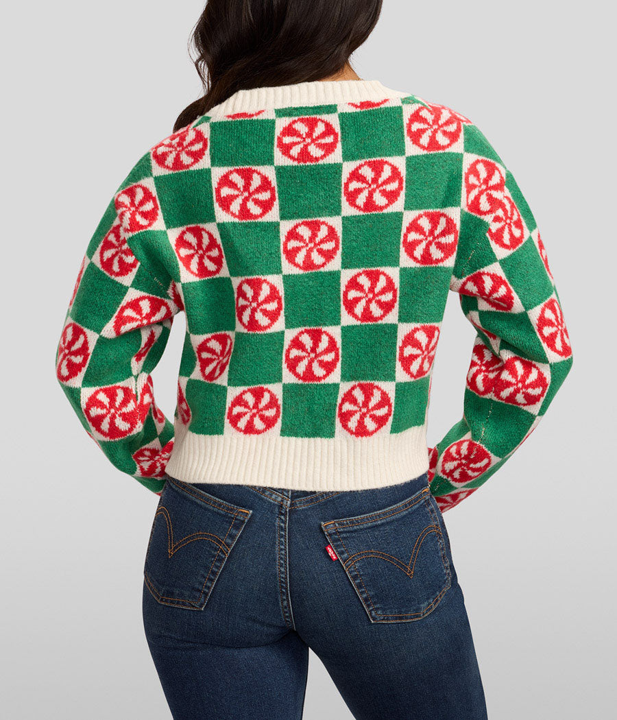 Womens Mint Green Checkered Cropped Cardigan Sweater with Retro Holiday Style