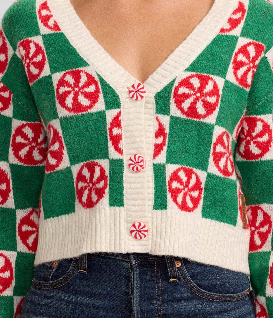 Womens Mint Green Checkered Cropped Cardigan Sweater with Retro Holiday Style