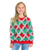 Girls Red and Green Tinsel Christmas Sweater with Sparkling Holiday Trim