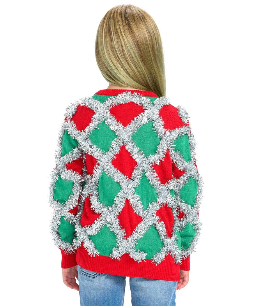 Girls Red and Green Tinsel Christmas Sweater with Sparkling Holiday Trim