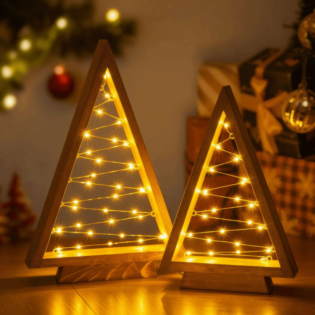 Timber Triangle Trees Set of Two in a Wooden Finish with Golden Fairy Lights at 14 and 10 Inches Tall