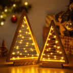 Timber Triangle Trees Set of Two in a Wooden Finish with Golden Fairy Lights at 14 and 10 Inches Tall