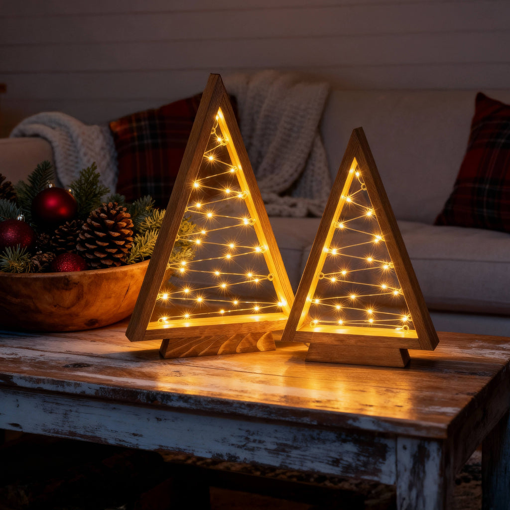 Timber Triangle Trees Set of Two in a Wooden Finish with Golden Fairy Lights at 14 and 10 Inches Tall
