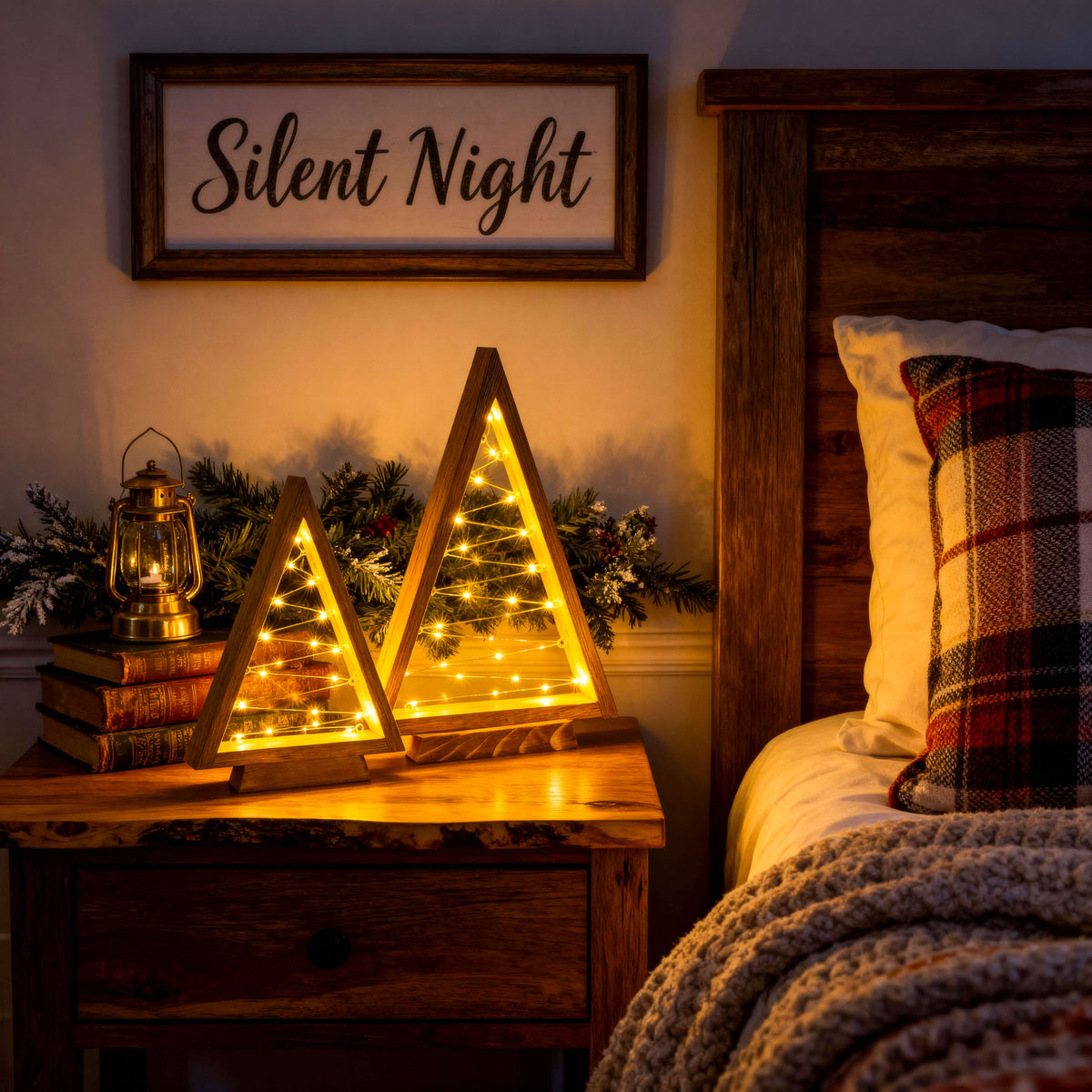 Timber Triangle Trees Set of Two in a Wooden Finish with Golden Fairy Lights at 14 and 10 Inches Tall
