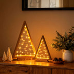 Timber Triangle Trees Set of Two in a Wooden Finish with Golden Fairy Lights at 14 and 10 Inches Tall