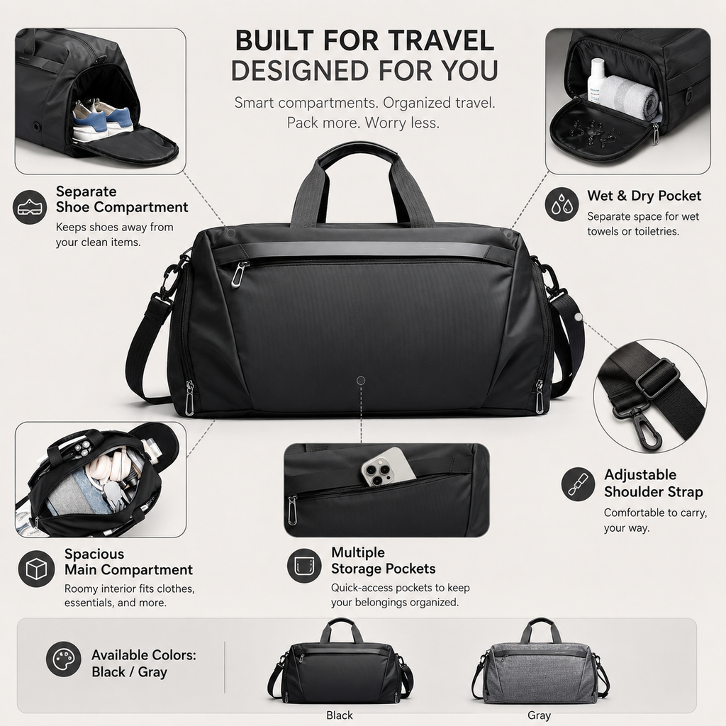 Gym Duffel Bag with Ventilated Shoe Compartment and Wet Dry Divider All Vera Mart