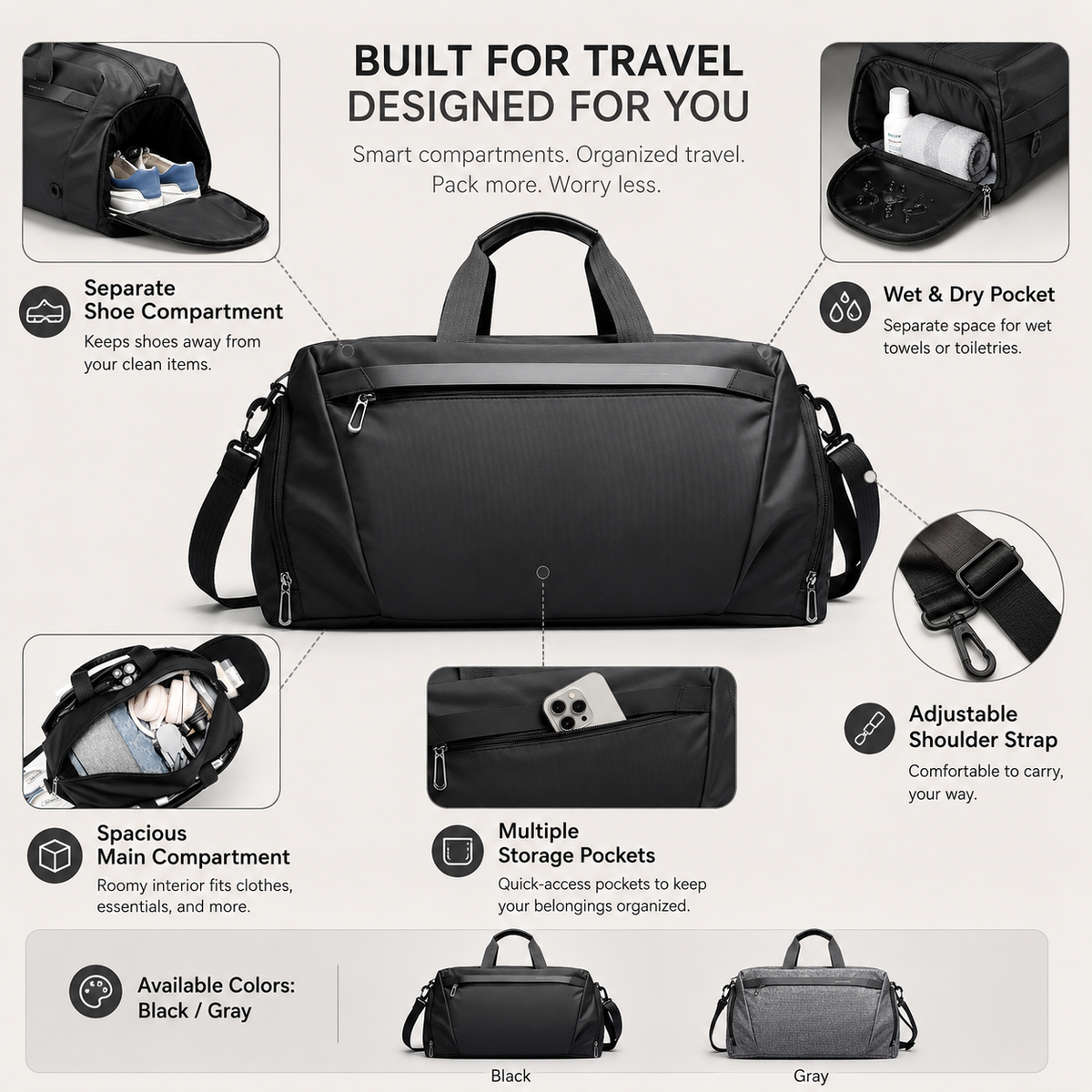 Gym Duffel Bag with Ventilated Shoe Compartment and Wet Dry Divider All Vera Mart