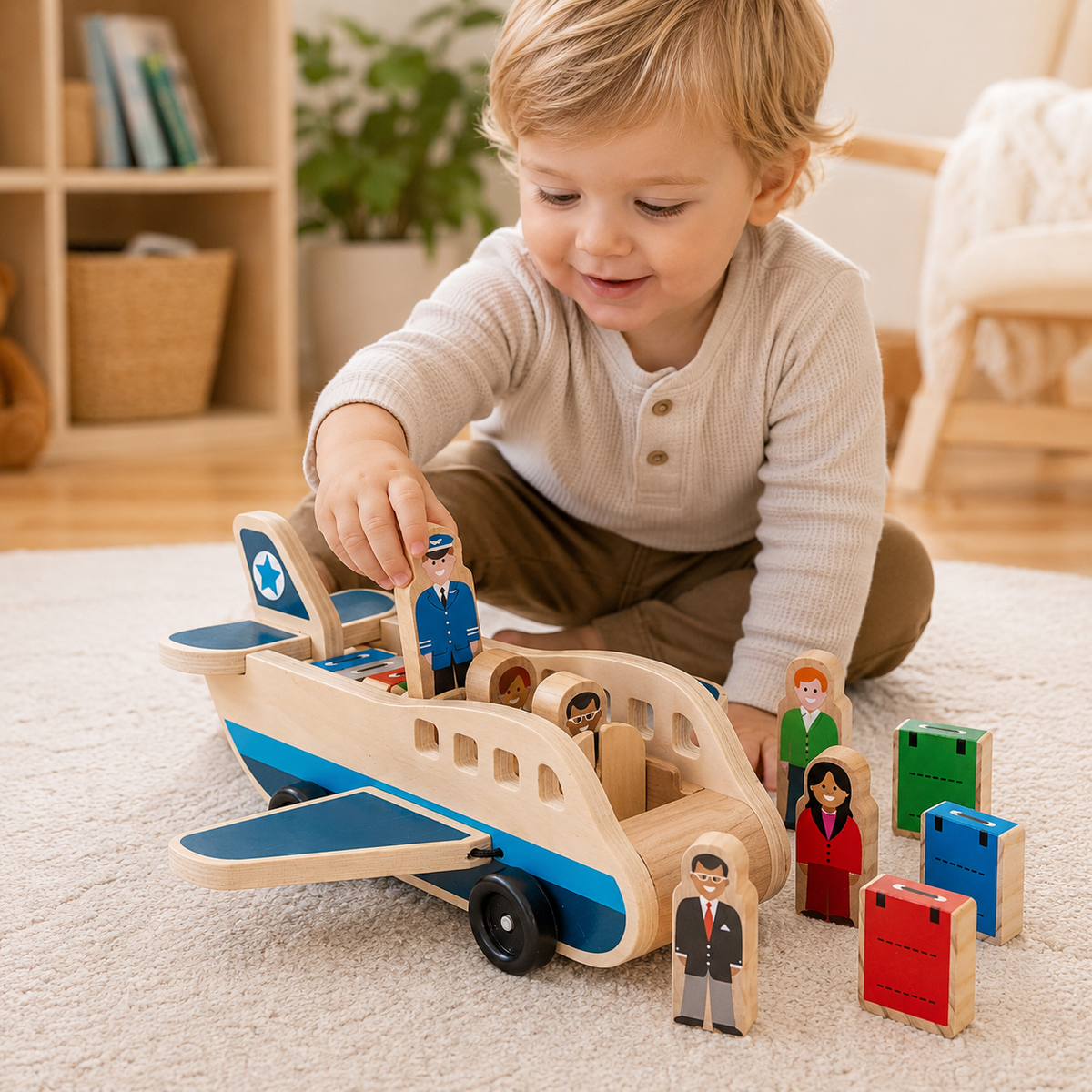 Wooden Push Pull Airplane with Pilot Figures and Montessori Design All Vera Mart