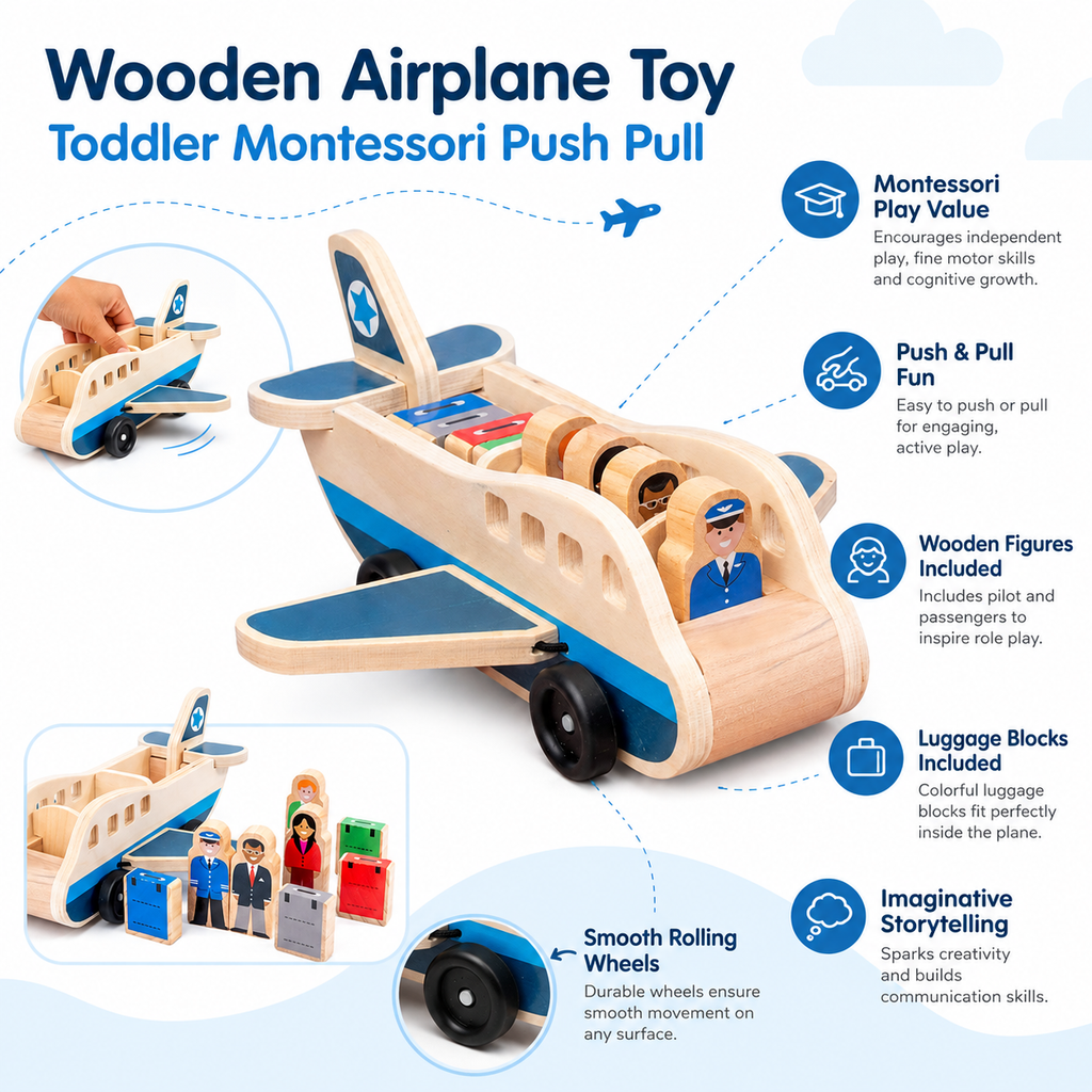 Wooden Push Pull Airplane with Pilot Figures and Montessori Design All Vera Mart
