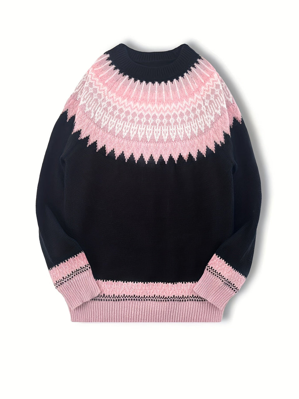 Womens Chunky Jacquard Round Neck Sweater with a Nature Inspired Pattern in Eight Colors