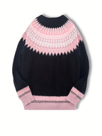 Womens Chunky Jacquard Round Neck Sweater with a Nature Inspired Pattern in Eight Colors