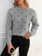 Womens Polka Dot Crew Neck Sweater with Soft Warm Knit and Relaxed Fit in Khaki or Gray