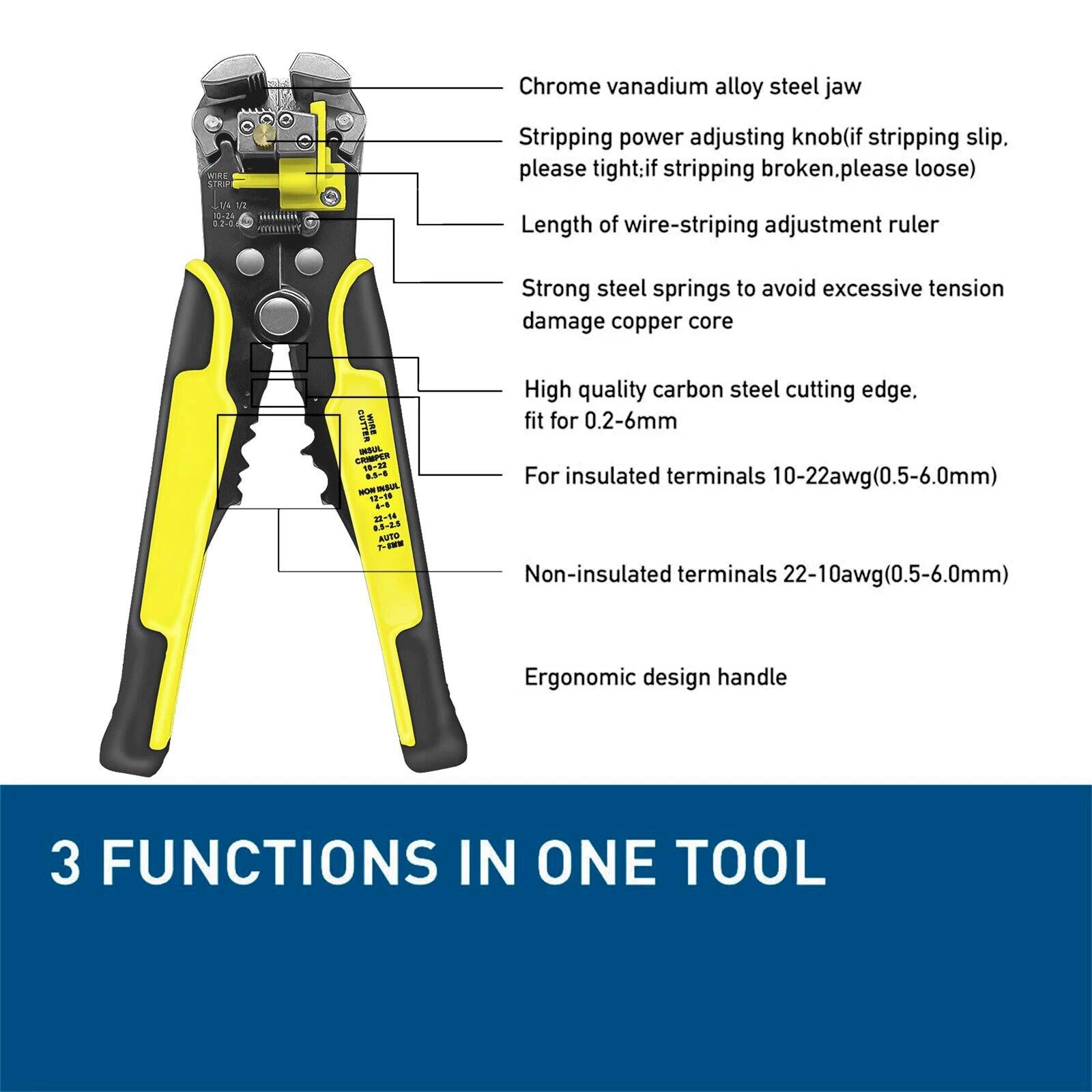 Self-Adjusting Wire Stripper with Cable Cutter and Terminal Crimper All Vera Mart