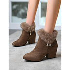 Womens Block Heel Ankle Boots with a Plush Collar, Pointed Toe and Side Zip in Brown or Black