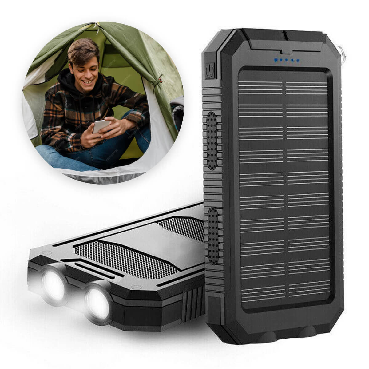 Solar Power Bank with Dual Port Charging and LED Flashlight, 500000mAh Waterproof All Vera Mart