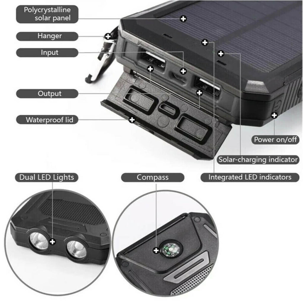 Solar Power Bank with Dual Port Charging and LED Flashlight, 500000mAh Waterproof All Vera Mart