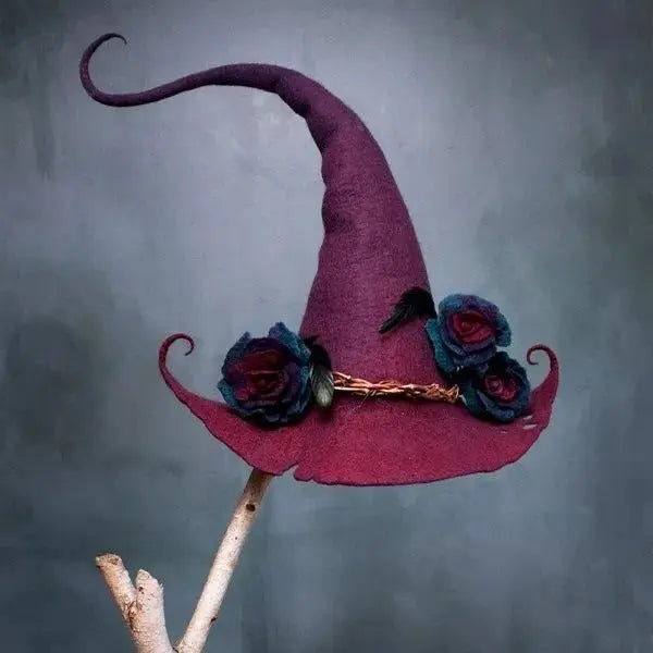 Hand Felted Witch Hat with Silk Chiffon Accent and Adjustable Fit, Breathable Merino Wool All Vera Mart