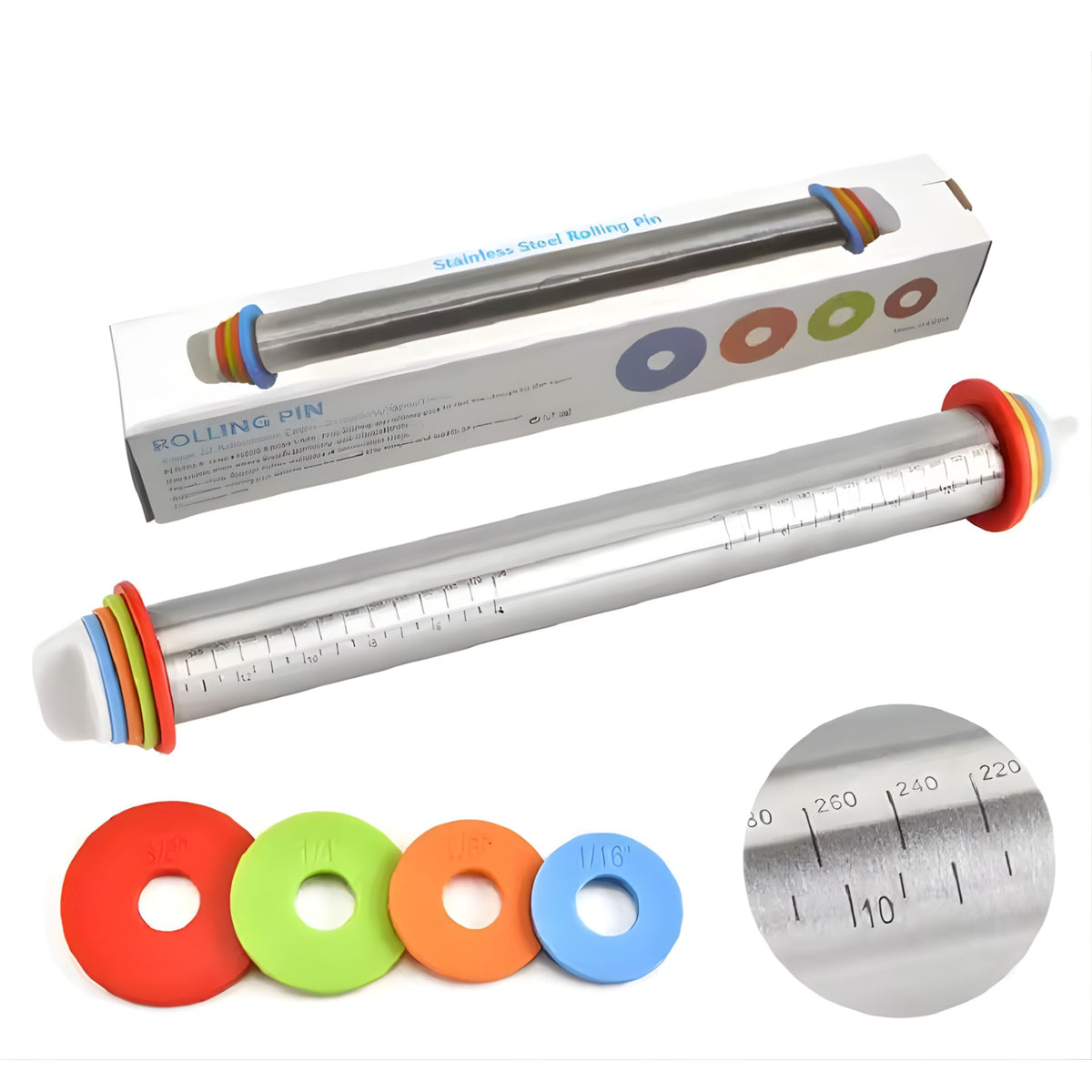 Adjustable Stainless Steel Rolling Pin with Silicone Grip, 17 Inch