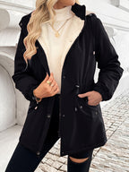 Womens Hooded Jacket with a Plush Lining, Front Zip and Snap Closure and Roomy Pockets in Black