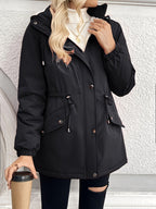 Womens Hooded Jacket with a Plush Lining, Front Zip and Snap Closure and Roomy Pockets in Black