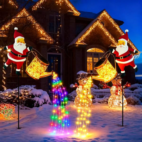 Christmas Santa Garden Decor with Solar Watering Can Light