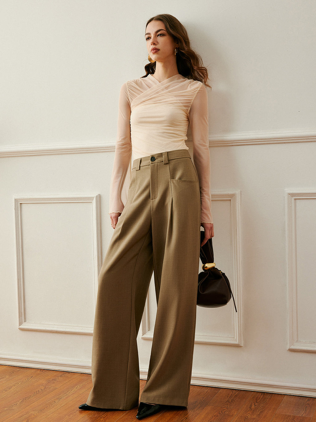 Sheer Mesh Top with Crossover Collar and Long Sleeves All Vera Mart