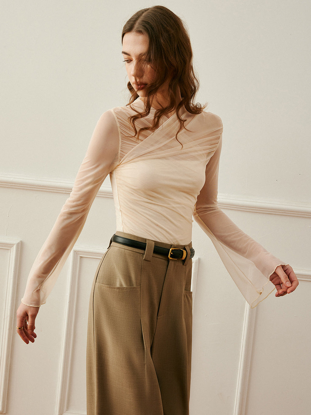 Sheer Mesh Top with Crossover Collar and Long Sleeves All Vera Mart