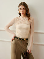 Sheer Mesh Top with Crossover Collar and Long Sleeves All Vera Mart
