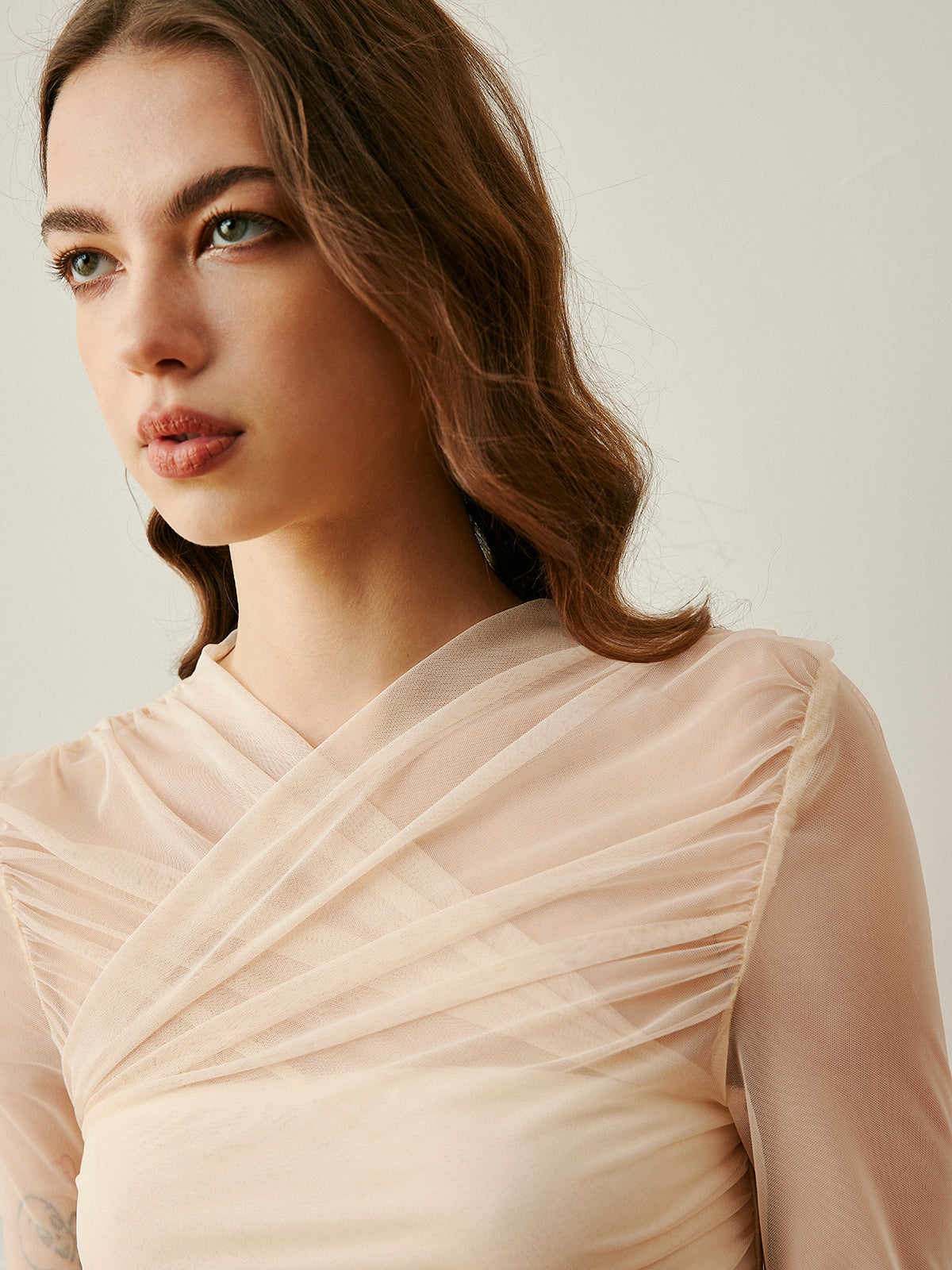 Sheer Mesh Top with Crossover Collar and Long Sleeves All Vera Mart