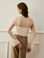 Sheer Mesh Top with Crossover Collar and Long Sleeves All Vera Mart