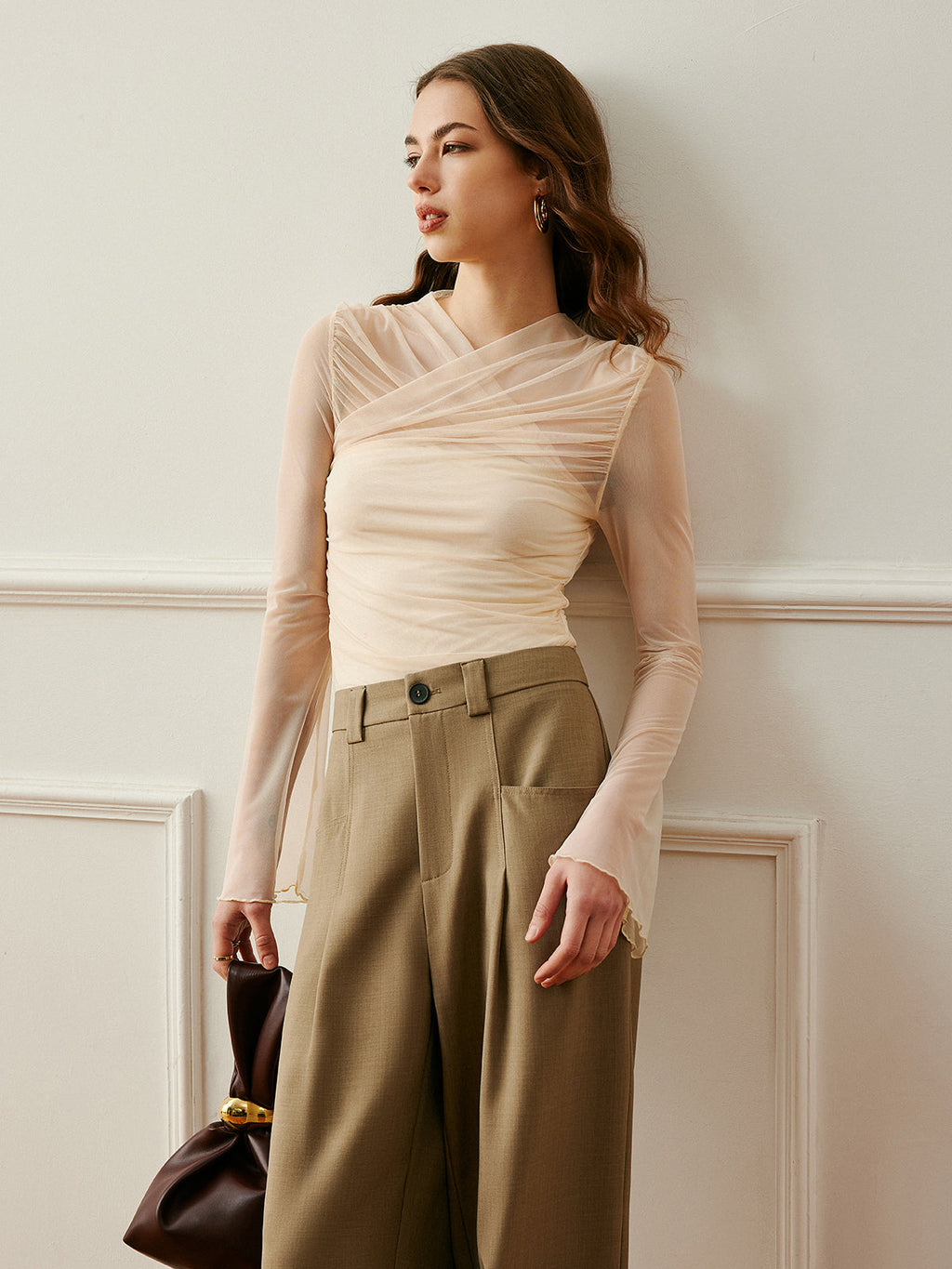 Sheer Mesh Top with Crossover Collar and Long Sleeves All Vera Mart