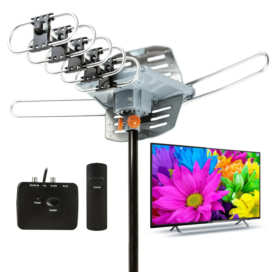 Motorized Outdoor TV Antenna with 360 Degree Rotation Remote and Steel Pole Mount