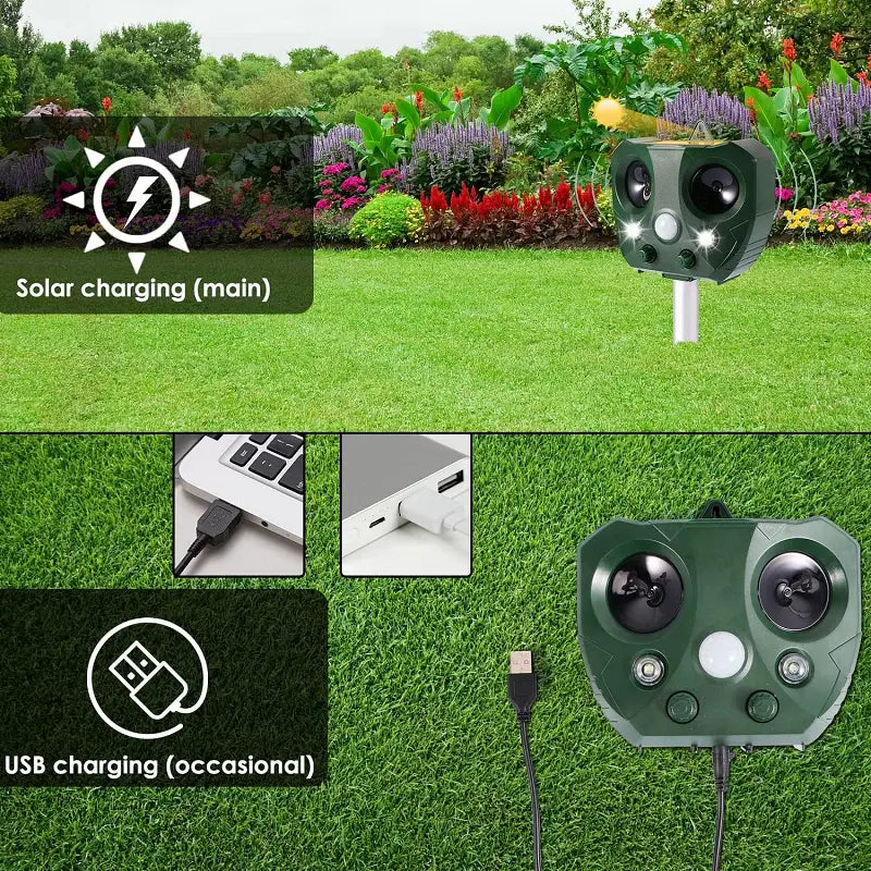 Solar Bird Repellent with Ultrasonic Pulses and Flashing LED Light, USB Backup All Vera Mart