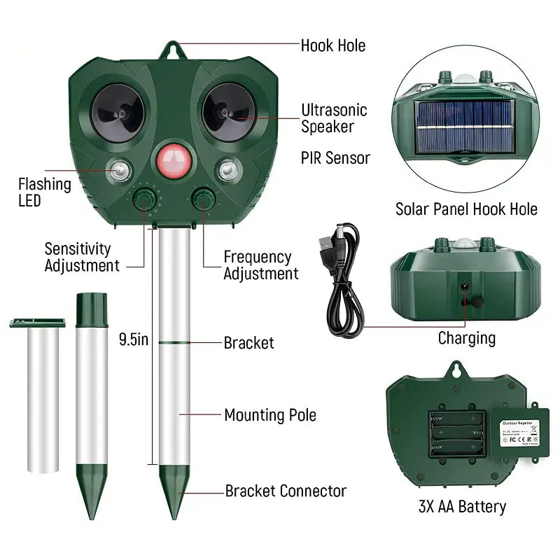 Solar Bird Repellent with Ultrasonic Pulses and Flashing LED Light, USB Backup All Vera Mart