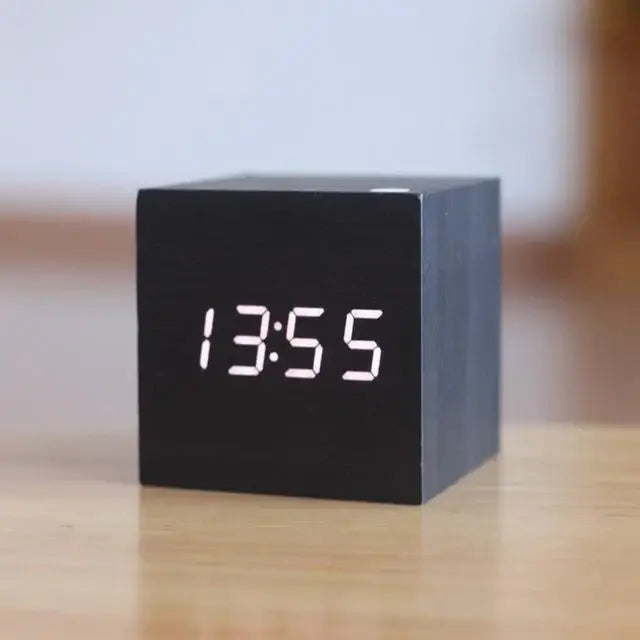 Wooden Digital Clock with Hidden LED Numerals and USB or Battery Power, Compact Tabletop All Vera Mart